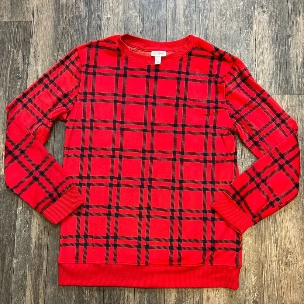 Girls Cat & Jack Red Plaid Soft Pijama Top Winter Christmas Holiday Size L 12/14